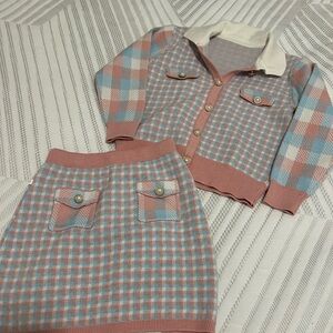Kids Plaid Pink and Blue Knit Cardigan and Skirt Set